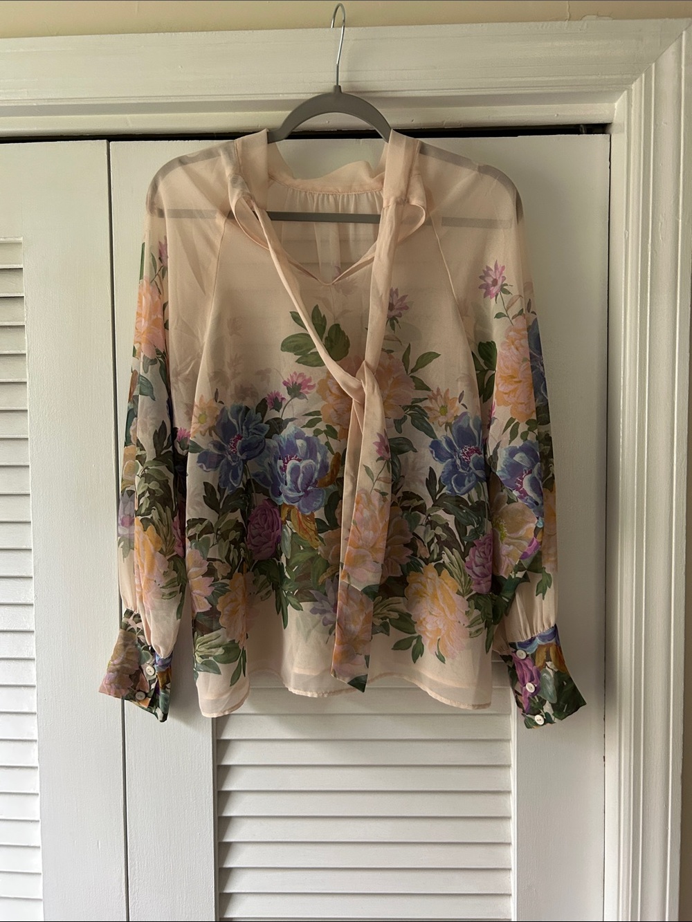 Zara Sheer Tie-Neck Blouse in Cream with Blue, Purple and Yellow Florals